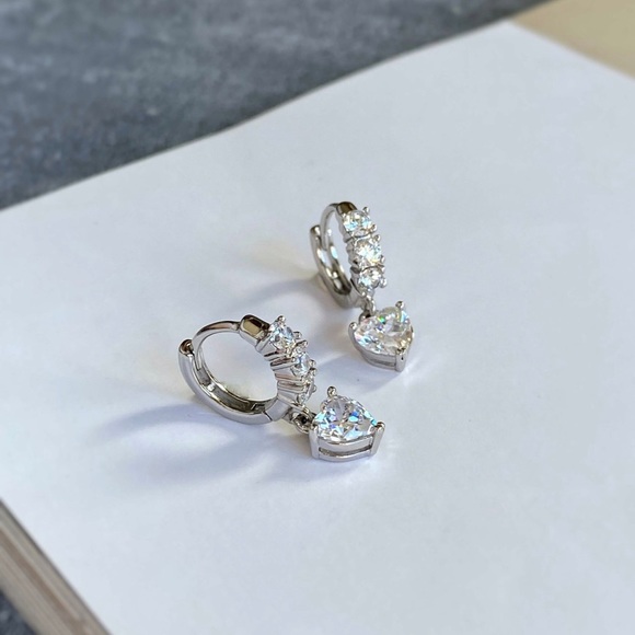 Platinum Plated Silver Zirconia Heart Hoop Earrings | Luxury Jewelry - Picture 2 of 13
